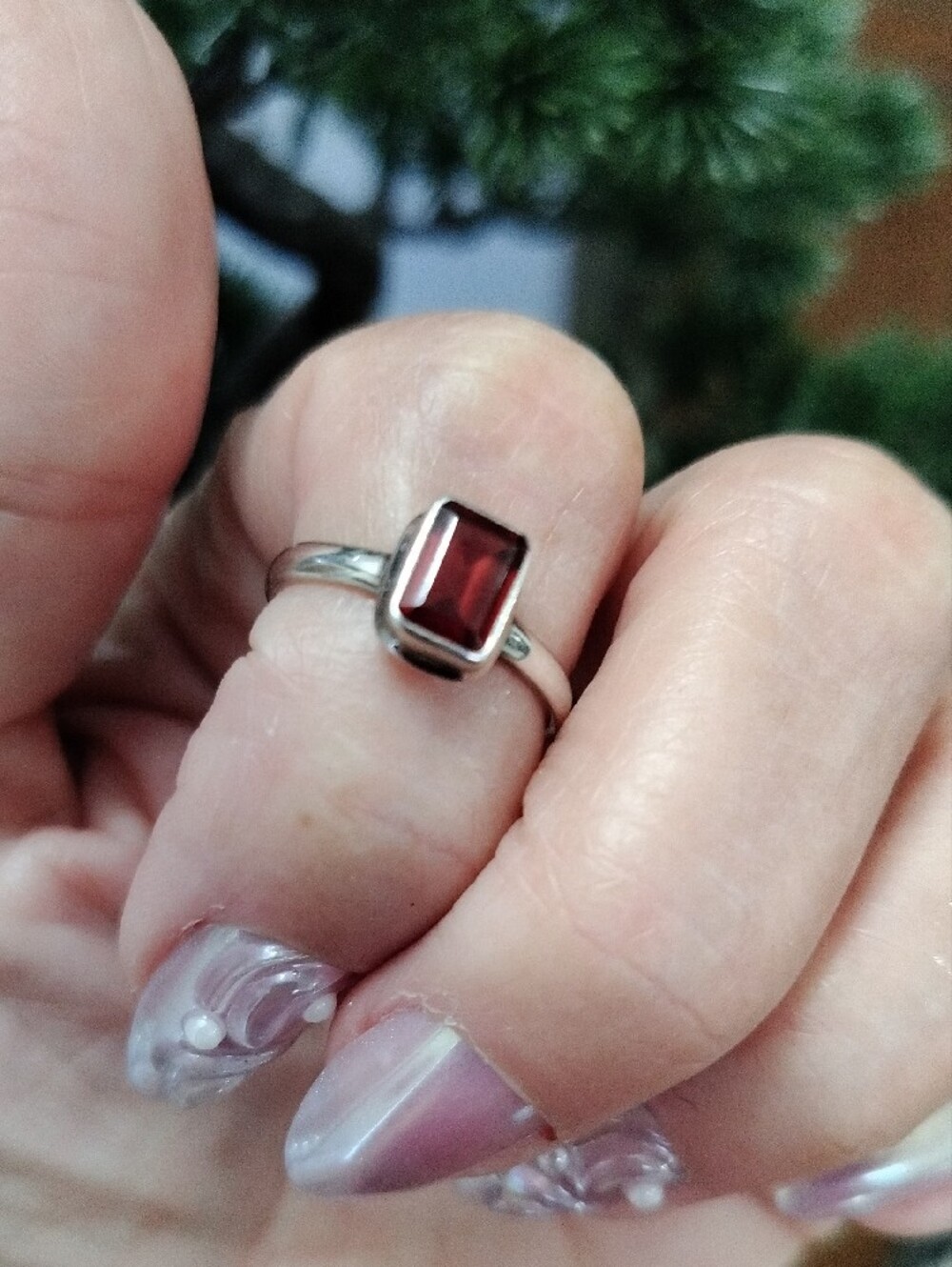 Garnet Gemstone Sterling Silver  Rectangle Ring Size 7